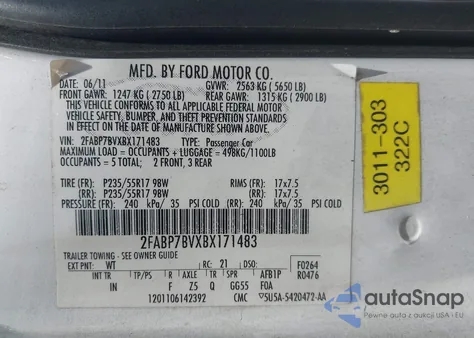 2011 Ford Crown Victoria Police Interceptor из США, поврежденный, VIN 2FABP7BVXBX171483